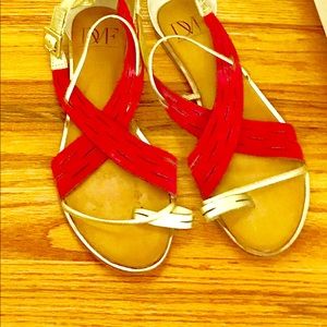 Diane Von Furstenburg bright red and gold shoes